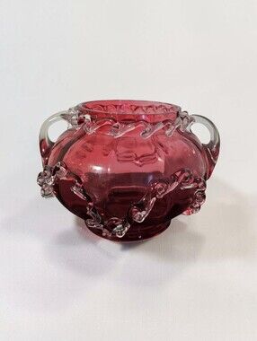 Victorian Cranberry Glass, Hand Blown Double-Handled Decorative Vase/Bowl.